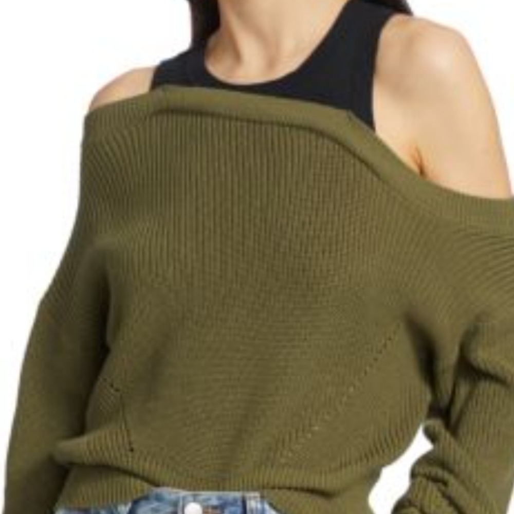 Veronica Beard Olive Off-the-Shoulder Sweater
